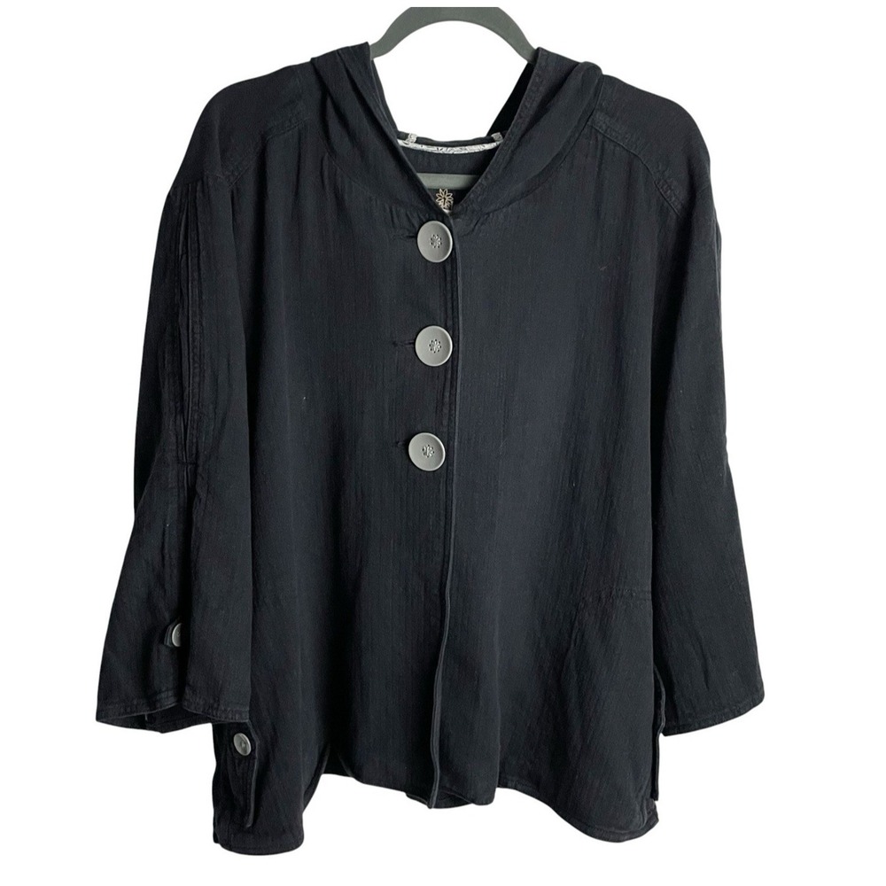 Caslon Womens Linen Blend Jacket Size 22W Black Hooded Pockets‎ Lagenlook Swing